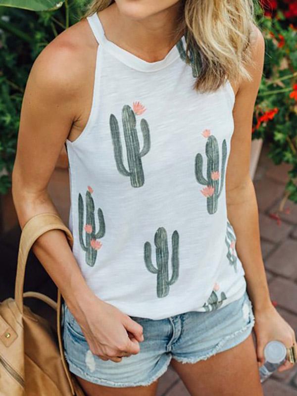 Wholesale Floral Print Sleeveless Crew Neck Tank Top