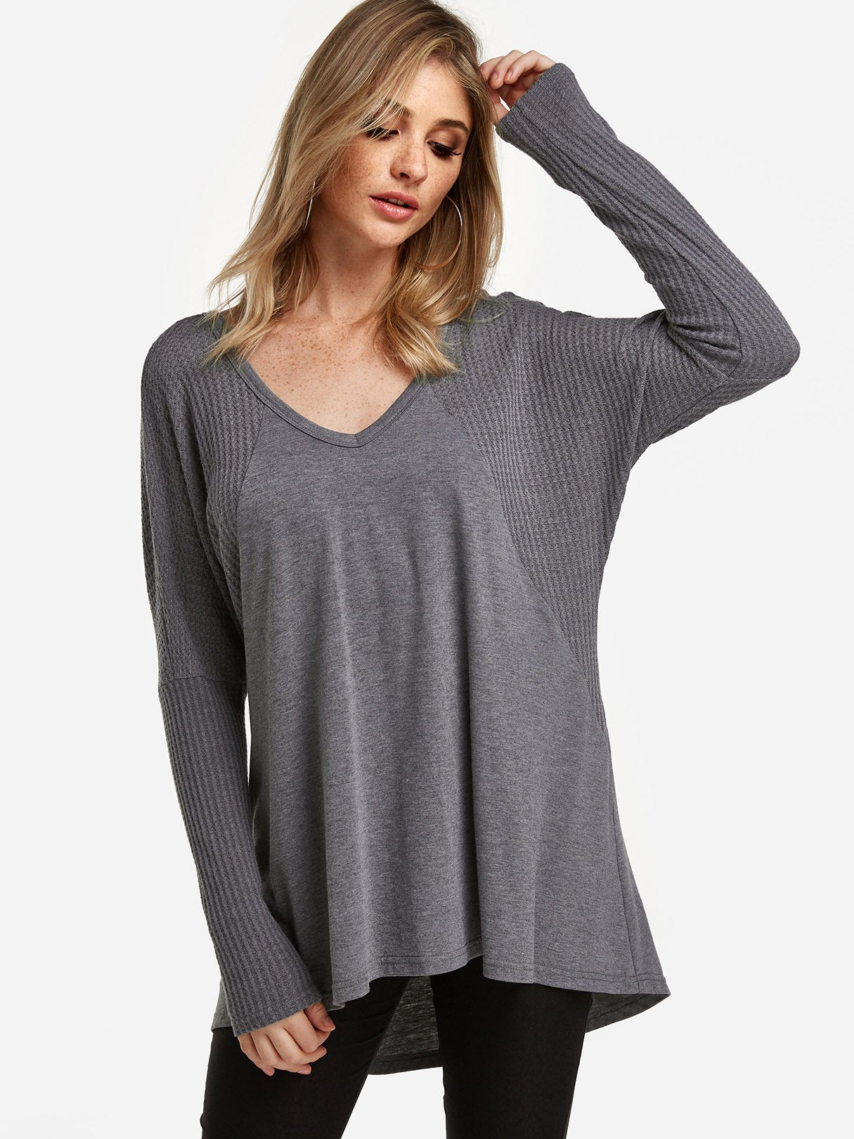 Wholesale V-Neck Plain Long Sleeve Irregular Hem Grey T-Shirt