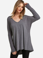 Wholesale V-Neck Plain Long Sleeve Irregular Hem Grey T-Shirt