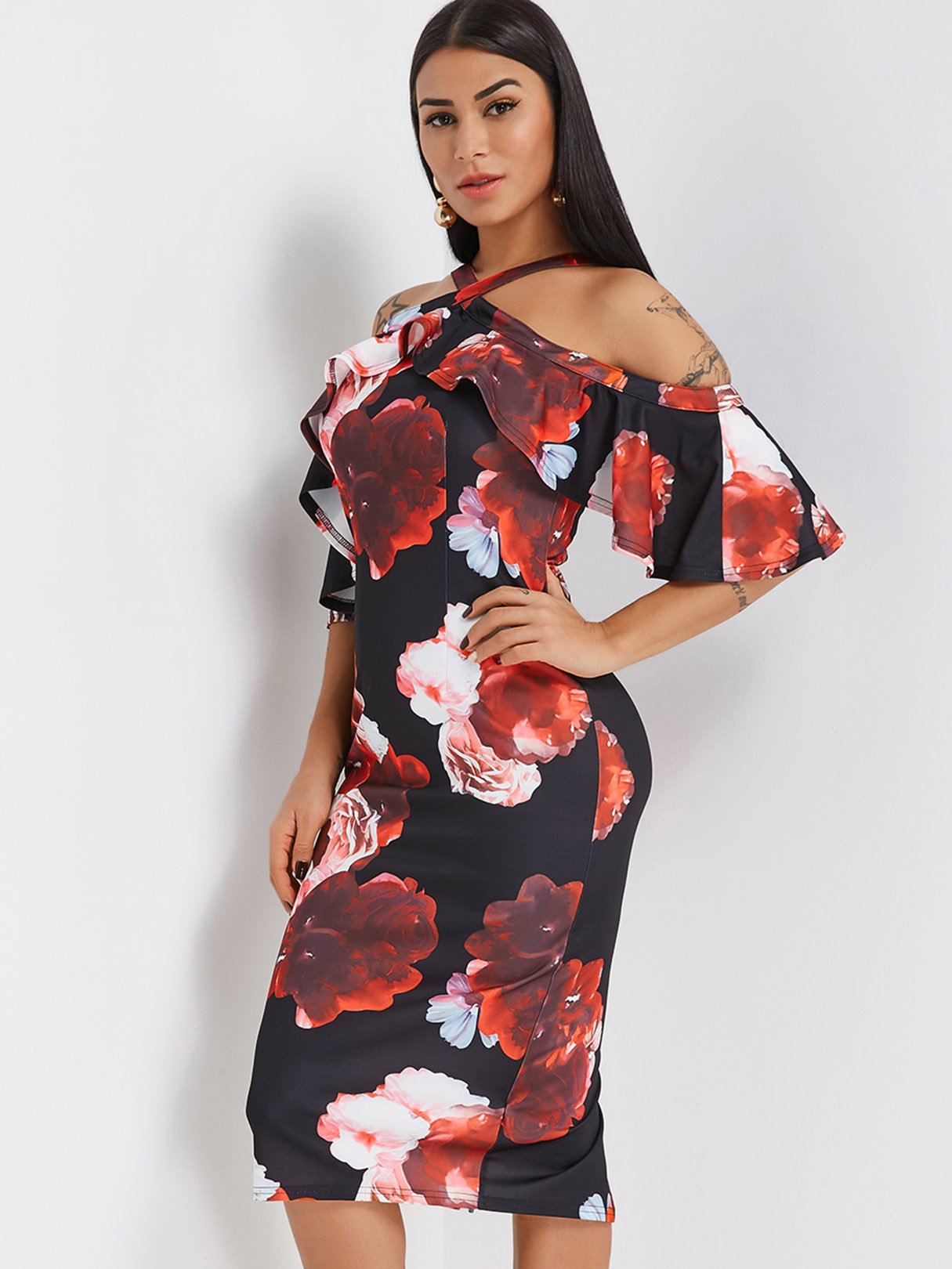 OEM Ladies Black Floral Dresses