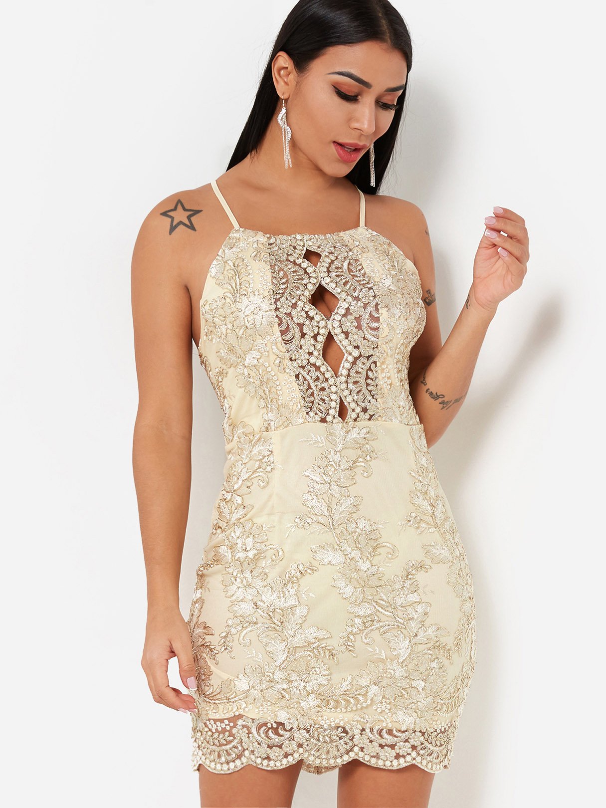 Wholesale Gold Halter Sleeveless Backless Hollow Lace-Up Sexy Dress