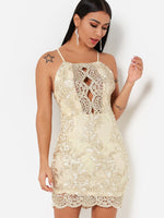 Wholesale Gold Halter Sleeveless Backless Hollow Lace-Up Sexy Dress