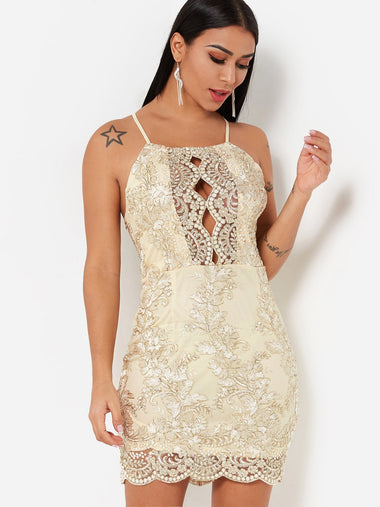 Wholesale Gold Halter Sleeveless Backless Hollow Lace-Up Sexy Dress