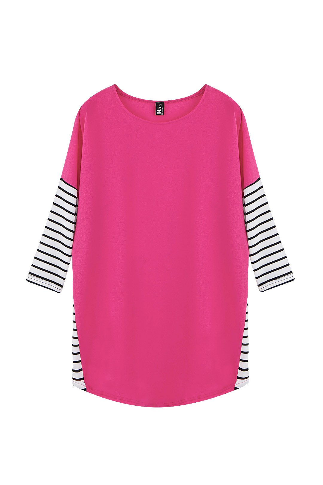 Wholesale Round Neck Stripe 3/4 Sleeve Irregular Hem Pink T-Shirts