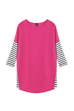 Wholesale Round Neck Stripe 3/4 Sleeve Irregular Hem Pink T-Shirts
