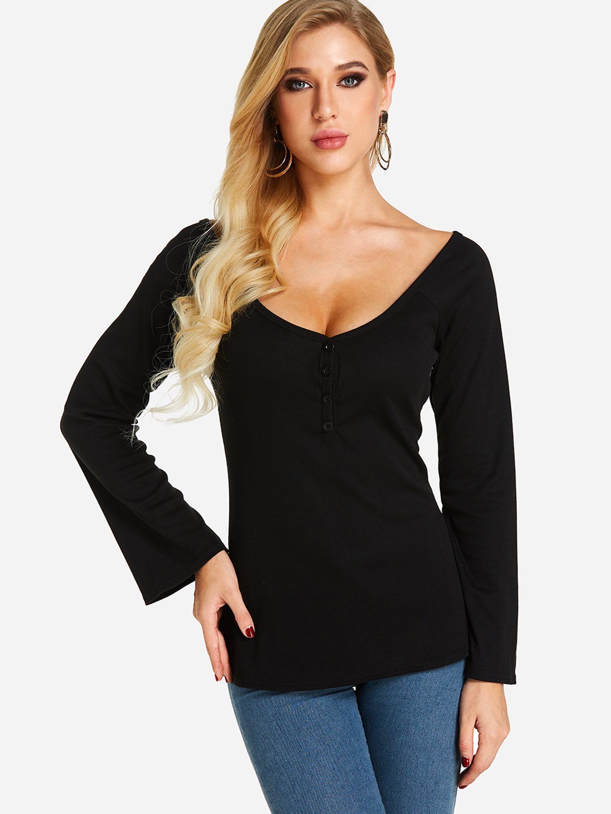 Wholesale Deep V Neck Plain Long Sleeve Black Top