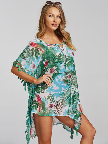 Wholesale Green V-Neck Half Sleeve Floral Print Tassel Slit Beachwear