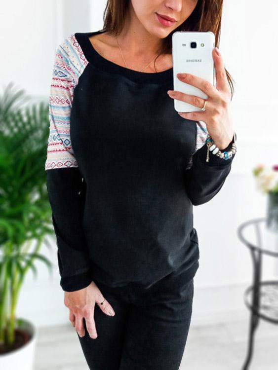 Wholesale Round Neck Geometrical Long Sleeve Black T-Shirts
