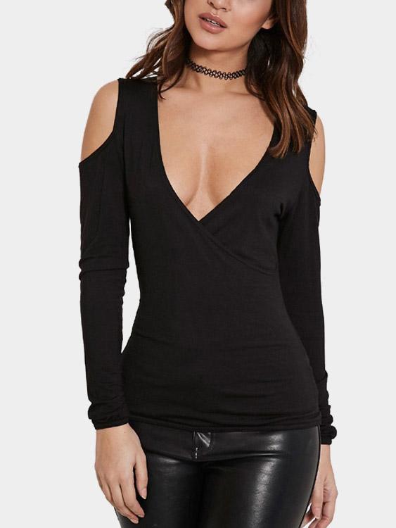 Wholesale V-Neck Cold Shoulder Long Sleeve T-Shirts