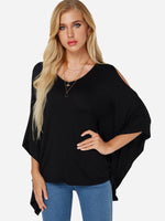 Wholesale V-Neck Cold Shoulder Plain 3/4 Sleeve Black T-Shirts