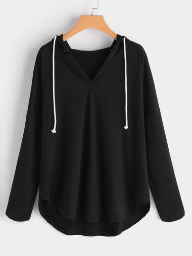 Wholesale V-Neck Plain Hooded Long Sleeve Black Plus Size Tops