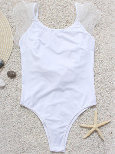 Wholesale Off Shoulder Sleeveless Plain Frill Trim Open Back One-Pieces Swimwear