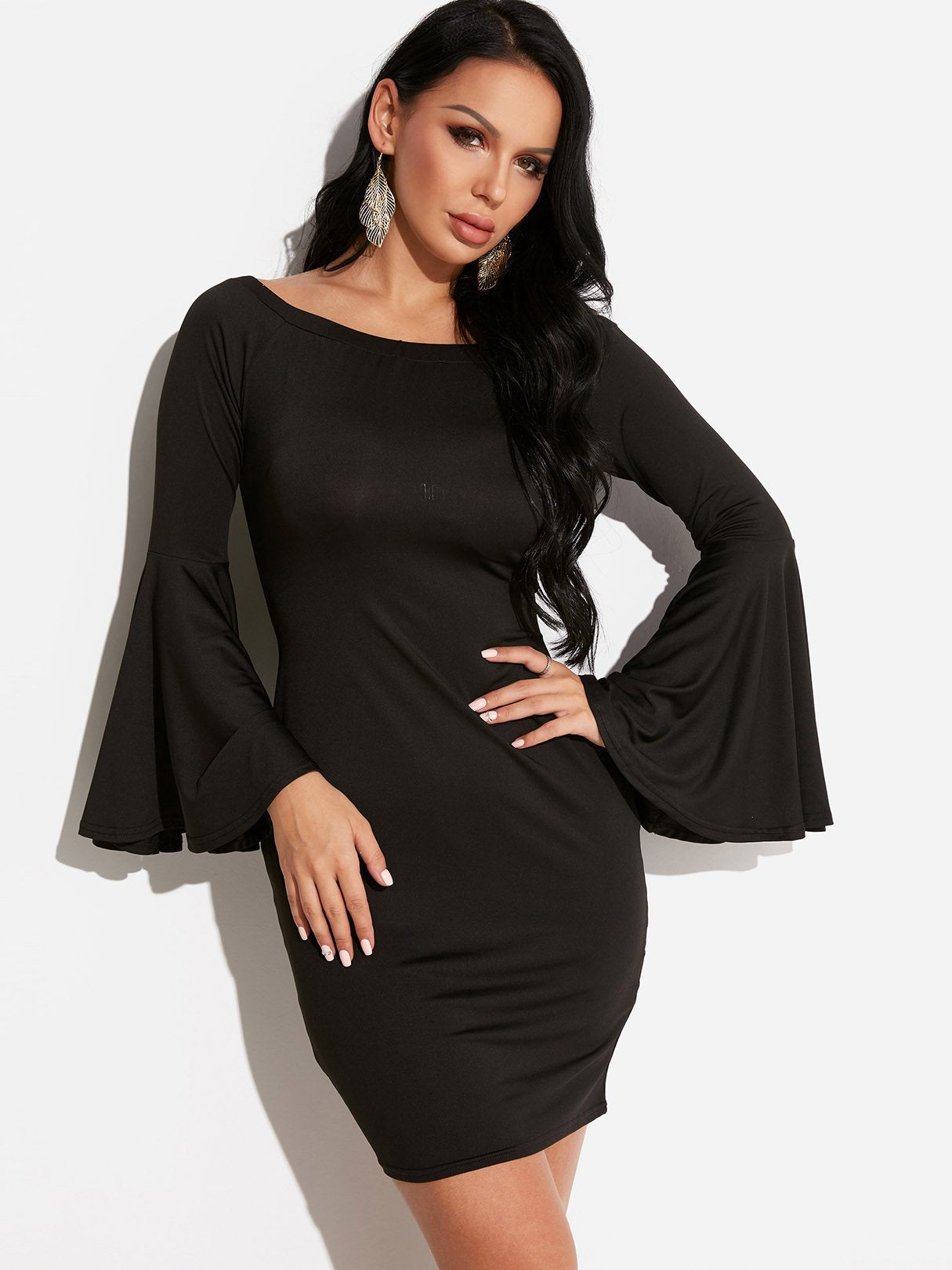 Wholesale Black Off The Shoulder Long Sleeve Bodycon Hem Dresses