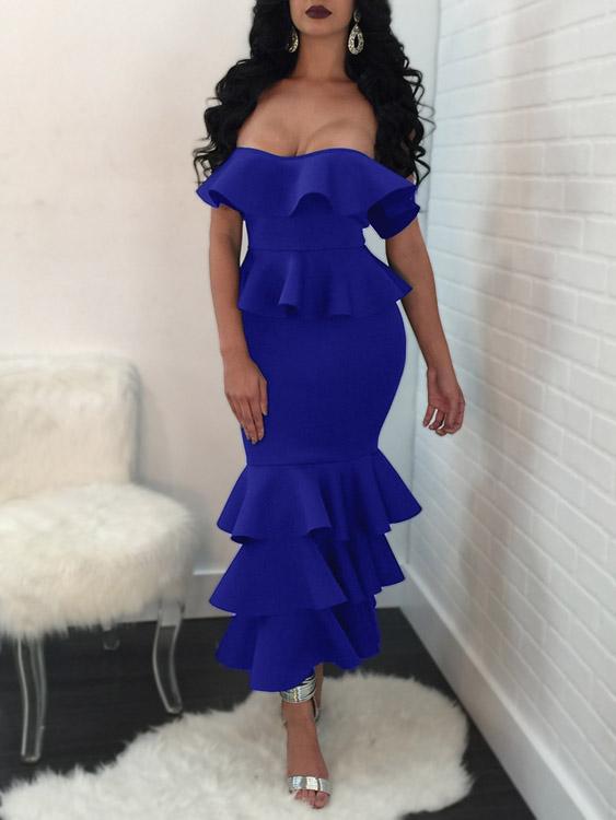 Wholesale Navy Off The Shoulder Sleeveless Flounced Hem Maxi Dress