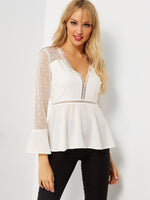 Wholesale Deep V Neck Lace Long Sleeve White Blouses
