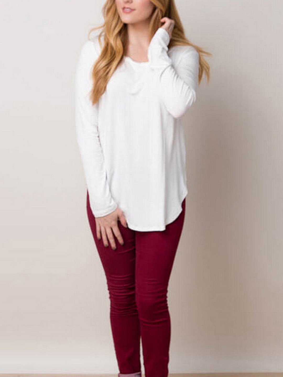 Wholesale Round Neck Long Sleeve Curved Hem Top