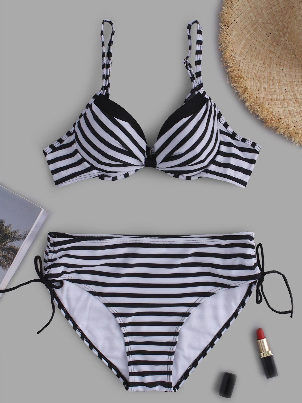 Wholesale Strapless Stripe Backless Self-Tie Sleeveless Black Bikinis