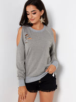 Wholesale Crew Neck Cold Shoulder Plain Random Ripped Long Sleeve Grey T-Shirts