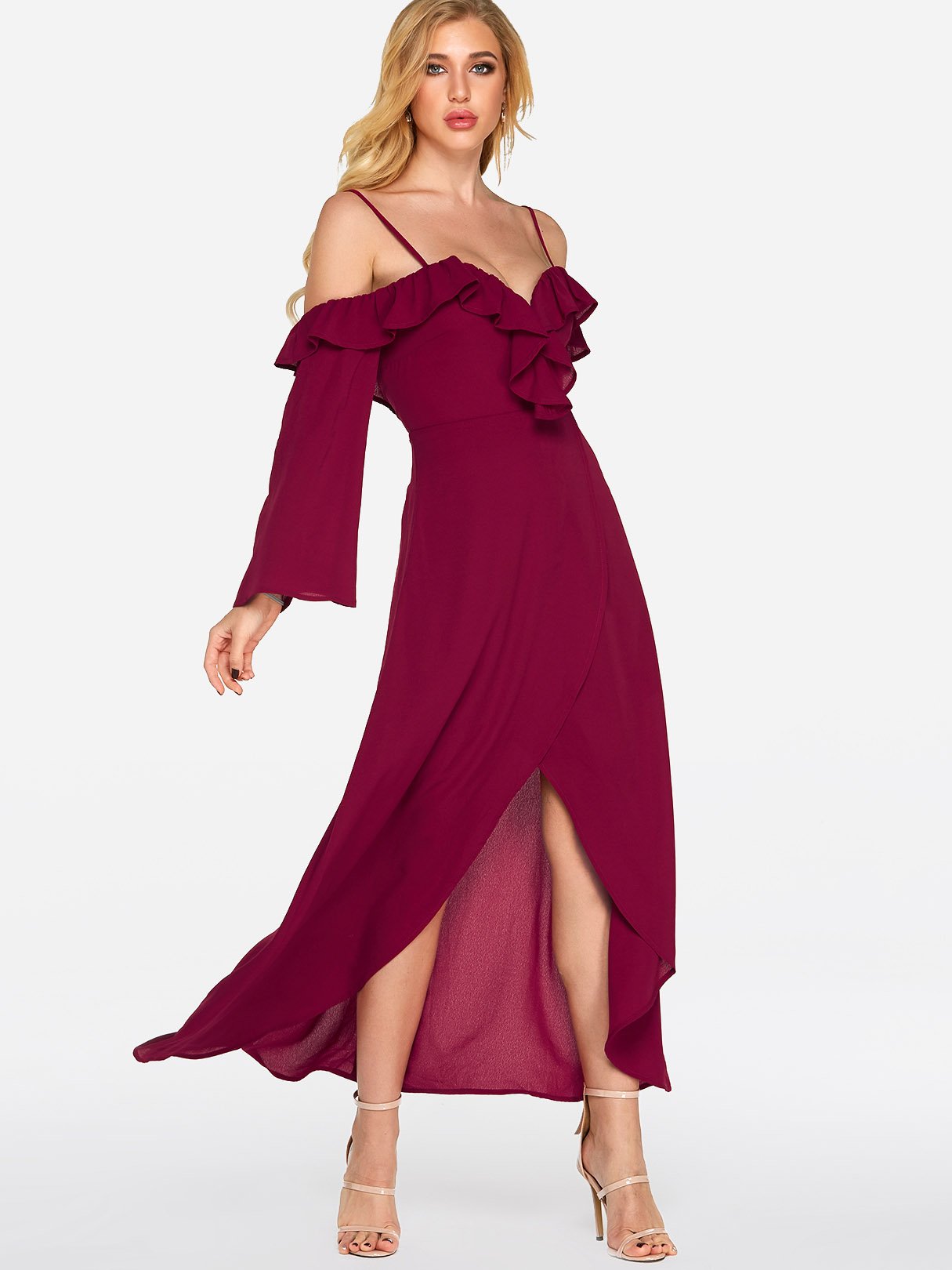 Wholesale Burgundy Cold Shoulder Long Sleeve Zip Back Backless Irregular Slit Hem Sexy Dress