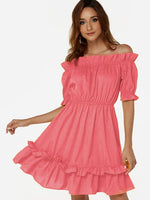 Wholesale Pink Off The Shoulder Short Sleeve Flounced Hem Dresses