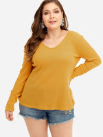 Wholesale V-Neck Plain Twist Long Sleeve Yellow Plus Size Tops