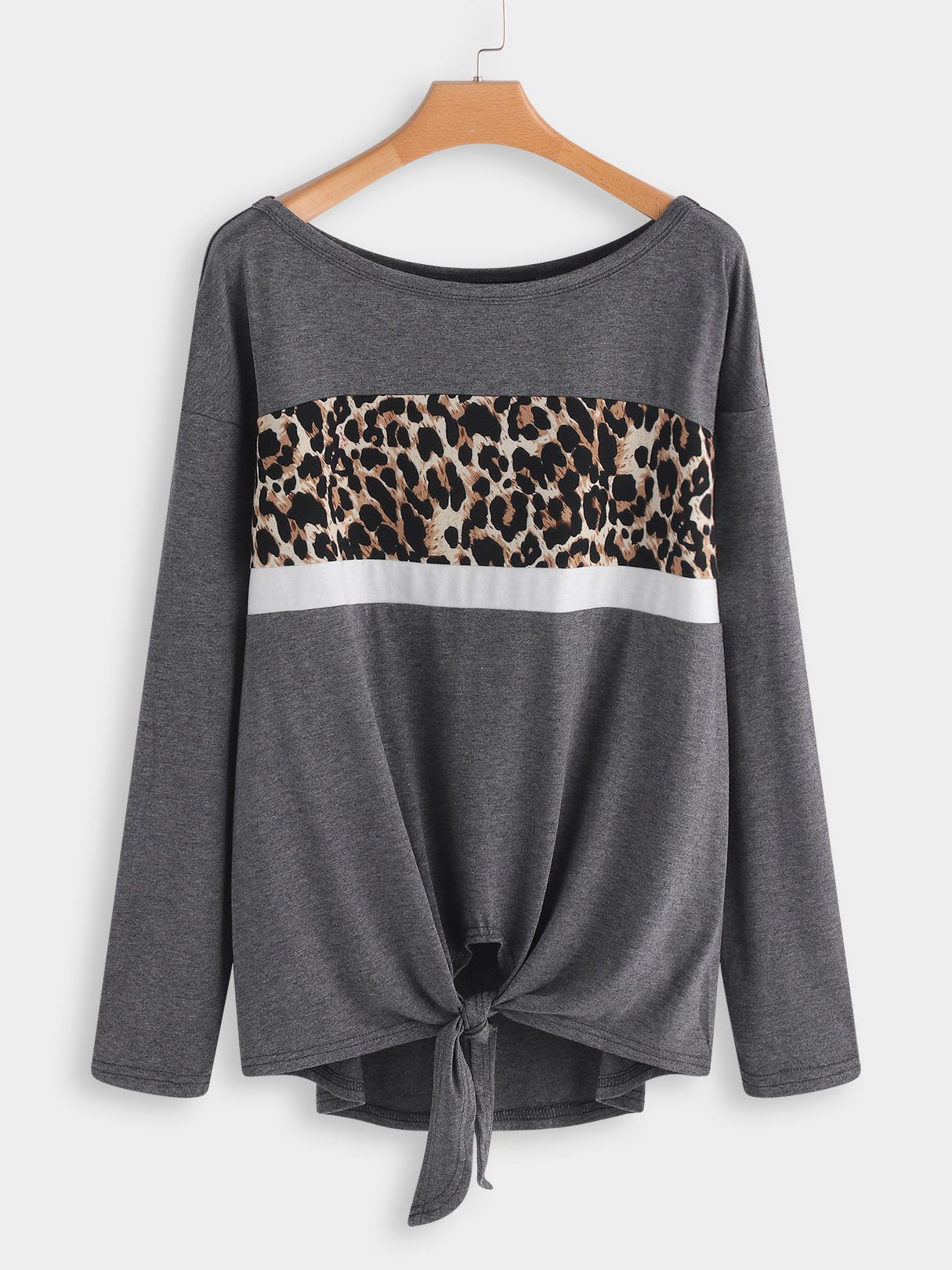 Wholesale Round Neck Leopard Long Sleeve Grey T-Shirt
