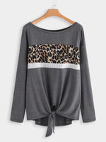 Wholesale Round Neck Leopard Long Sleeve Grey T-Shirt