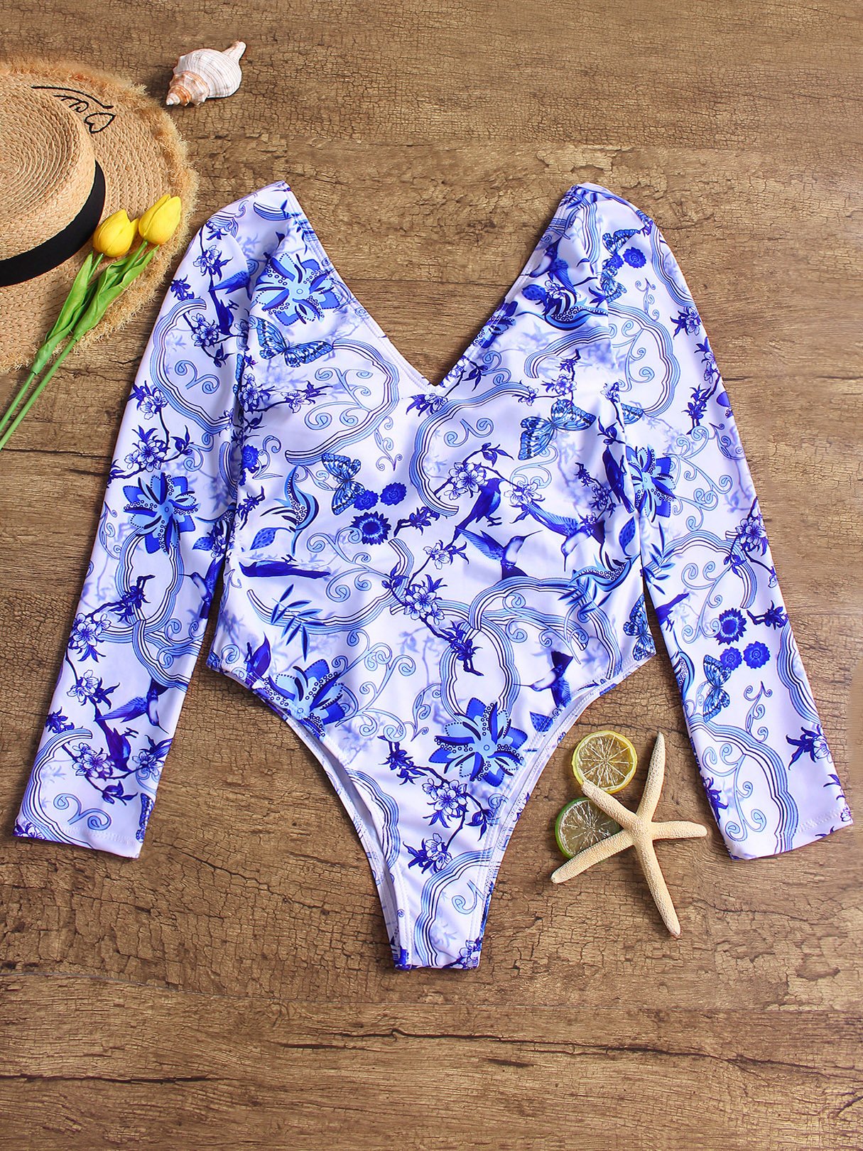 Wholesale Blue Deep V-Neck Long Sleeve Printed Backless One-Pieces Swimsuits