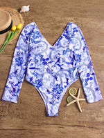 Wholesale Blue Deep V-Neck Long Sleeve Printed Backless One-Pieces Swimsuits
