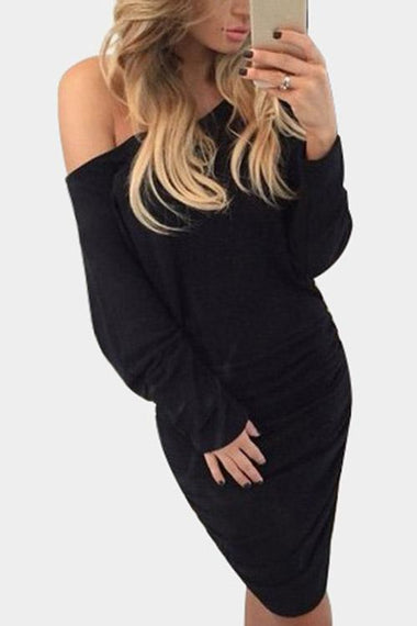 Wholesale Black One Shoulder Long Sleeve Plain Bodycon Mini Dress