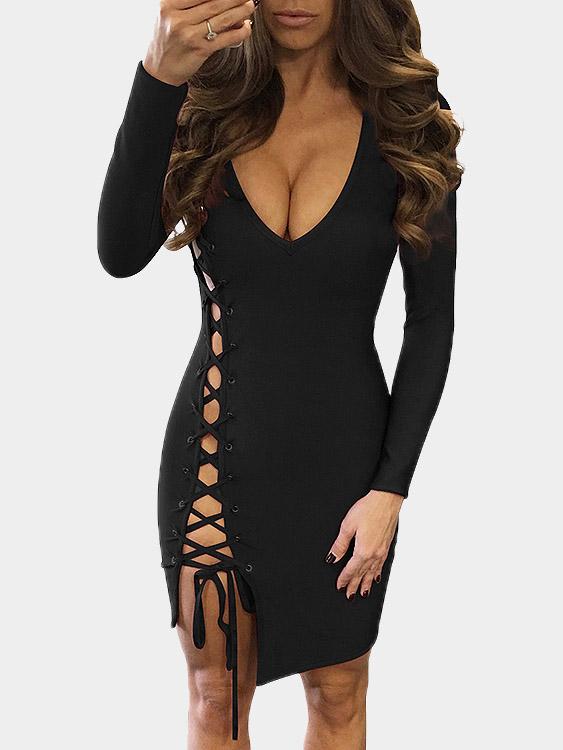 Wholesale Black Long Sleeve Plain Bodycon Hem Sexy Dresses