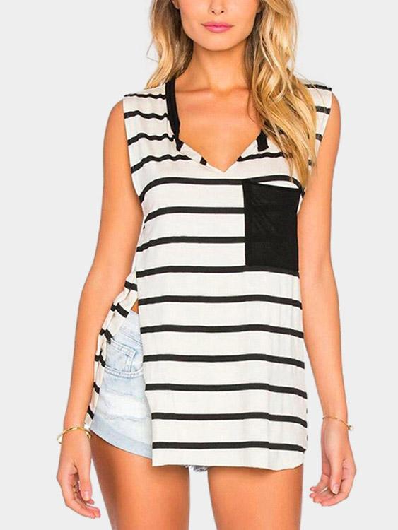 Wholesale V-Neck Stripe Sleeveless Slit Hem Black Camis