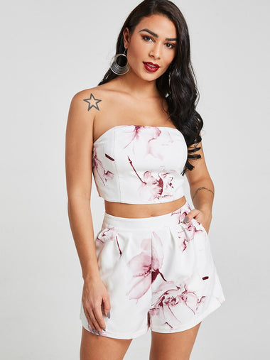 Wholesale Tube Top Floral Print Sleeveless White Two Piece Outfits