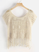 Wholesale Beige Round Neck Short Sleeve Tiered Hollow Beachwear