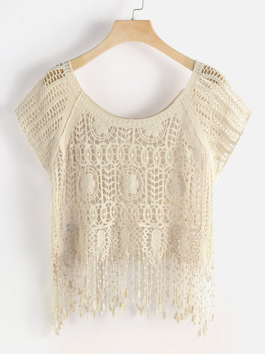 Wholesale Beige Round Neck Short Sleeve Tiered Hollow Beachwear