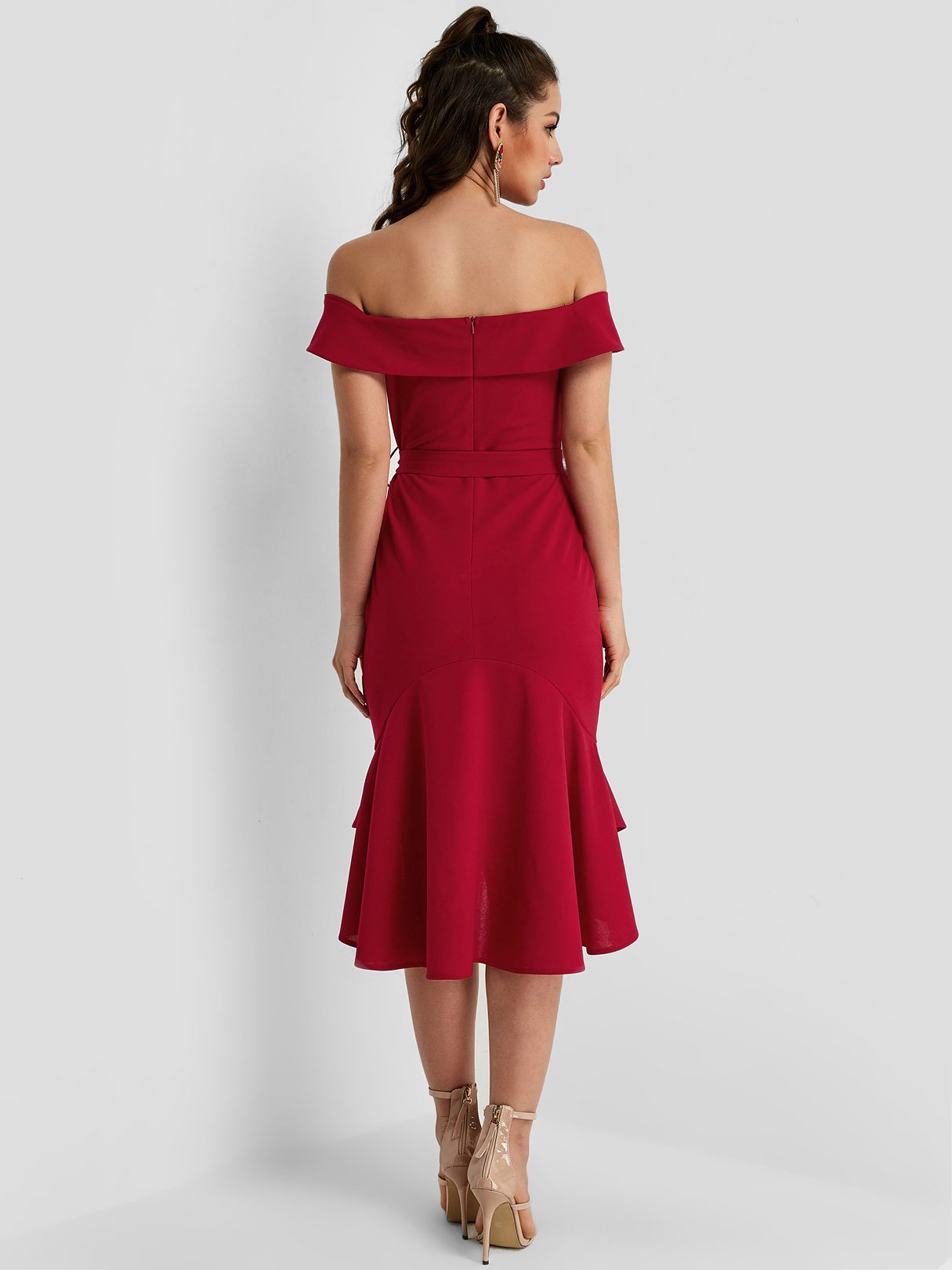 NEW FEELING Womens Burgundy Off The Shoulder Dresses
