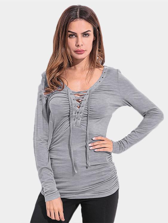 Wholesale V-Neck Lace-Up Pleated Long Sleeve T-Shirts