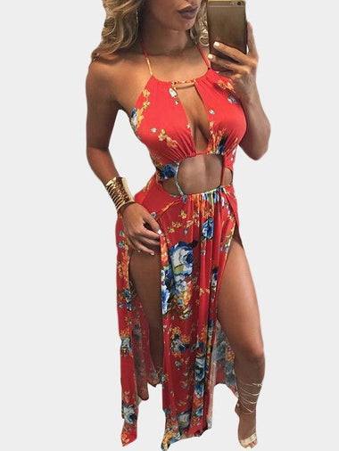 Wholesale Red Halter Sleeveless Floral Print Backless Hollow Cut Out Maxi Dress