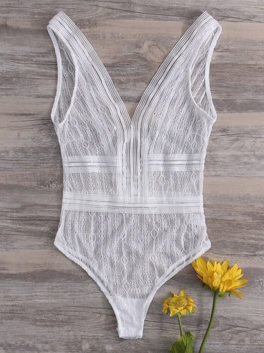 Wholesale Deep V Neck Lace See Through Sleeveless White Bodysuits