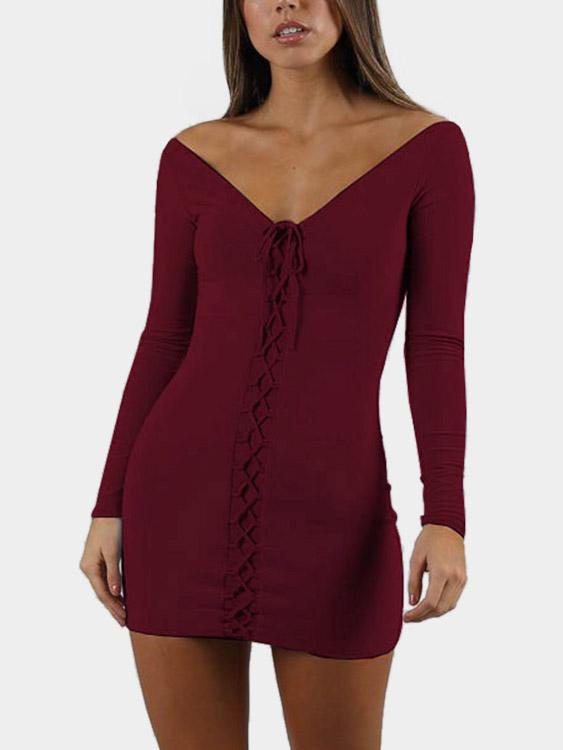 Wholesale V-Neck Backless Lace-Up Long Sleeve Bodycon Hem Burgundy Dress