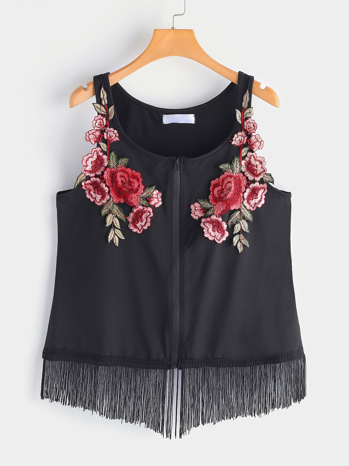 Wholesale Round Neck Embroidered Sleeveless Tassel Hem Black Plus Size Tops