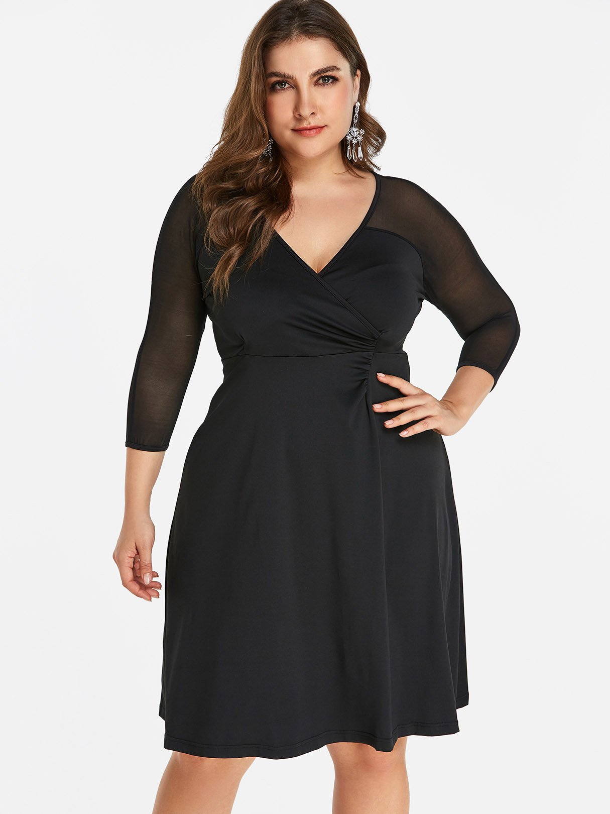 Wholesale V-Neck Plain Wrap 3/4 Sleeve Black Plus Size Dress