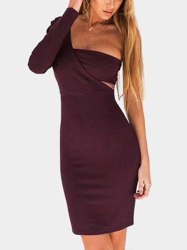 Wholesale Burgundy Asymmetrical One Shoulder Long Sleeve Cut Out Bodycon Hem Sexy Dresses