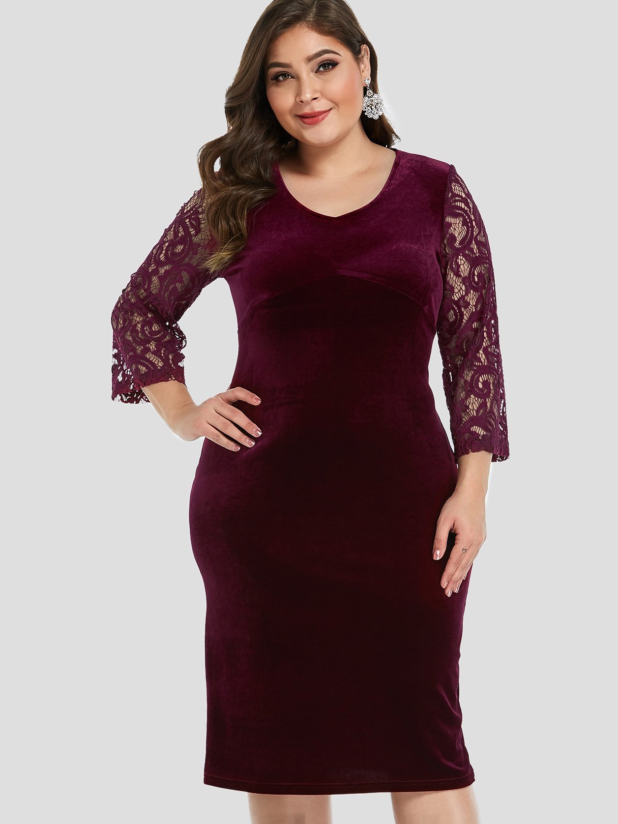 Wholesale V-Neck Plain Lace 3/4 Sleeve Burgundy Plus Size Dress