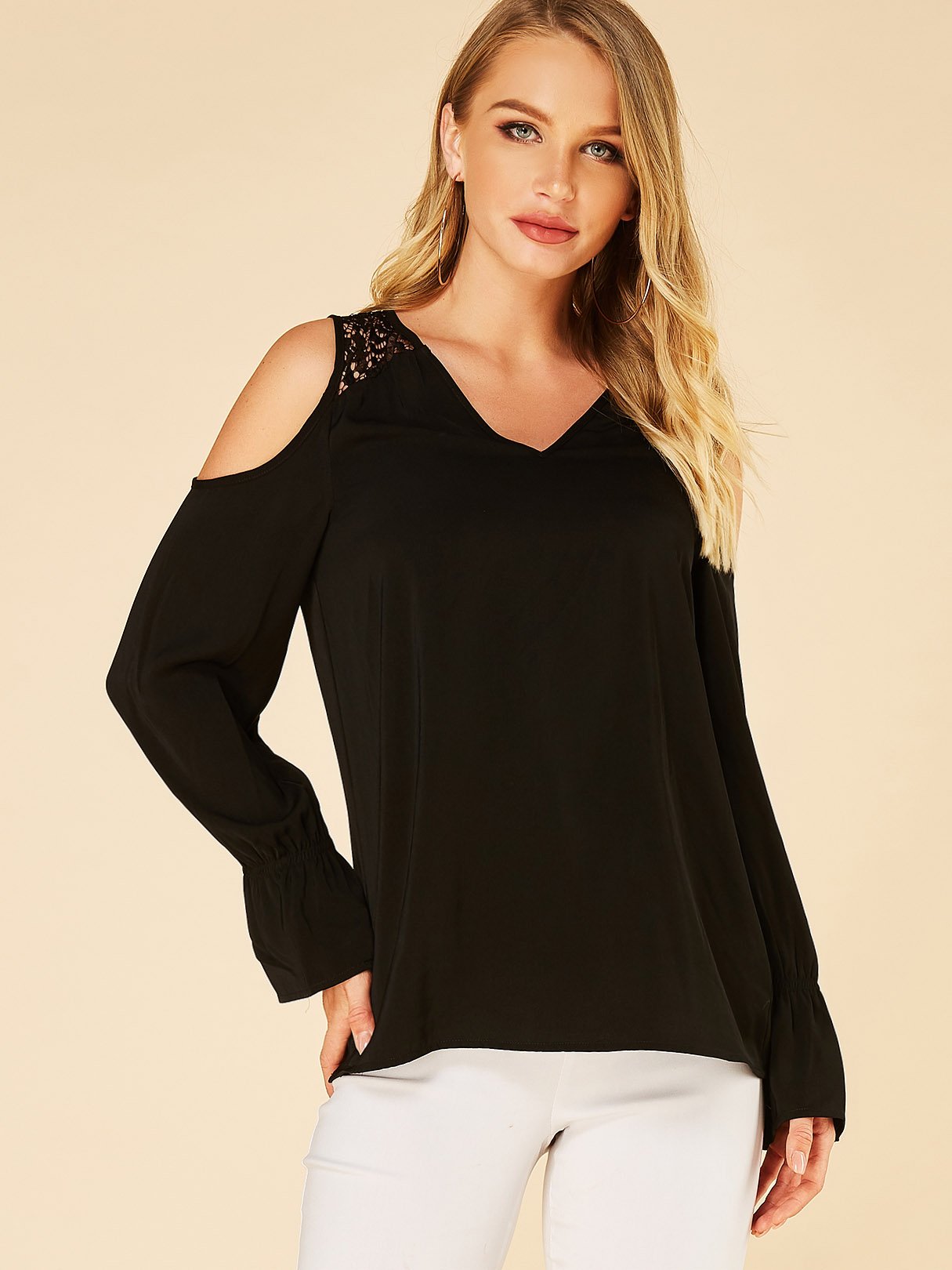 Wholesale Cold Shoulder Plain Lace Long Sleeve Black Blouses