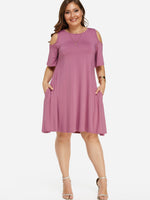 Wholesale Round Neck Cold Shoulder Plain Half Sleeve Plus Size Dresses