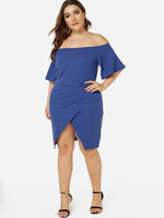 Wholesale Off The Shoulder Plain Backless Pleated Belt Half Sleeve Slit Hem Blue Plus Size Dresses
