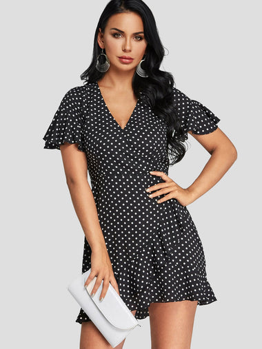 Wholesale Black V-Neck Short Sleeve Polka Dot Dresses