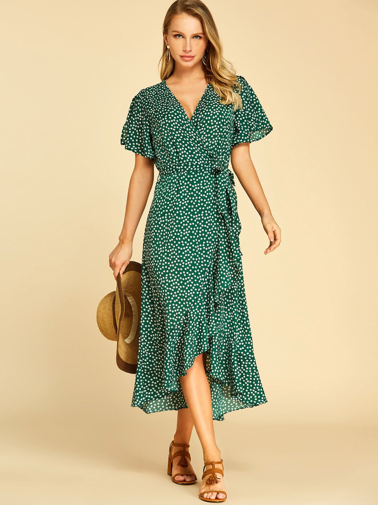 Wholesale Deep V Neck Short Sleeve Self-Tie Wrap Flounced Hem Dresses