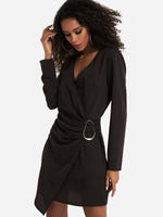 Wholesale Black V-Neck Crossed Collar Long Sleeve Plain Crossed Front Wrap Irregular Hem Sexy Dress